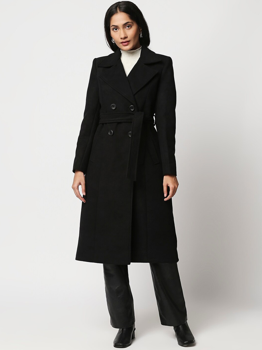 

20Dresses Women Black Solid Double Breasted Overcoat
