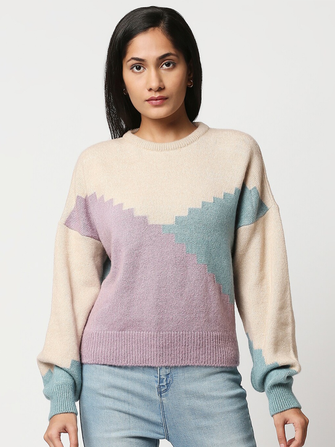 

20Dresses Women Beige & Purple Colourblocked Acrylic Pullover
