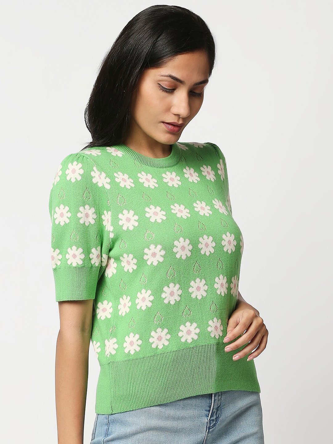 

20Dresses Women Green & White Floral Printed Pure Cotton Pullover