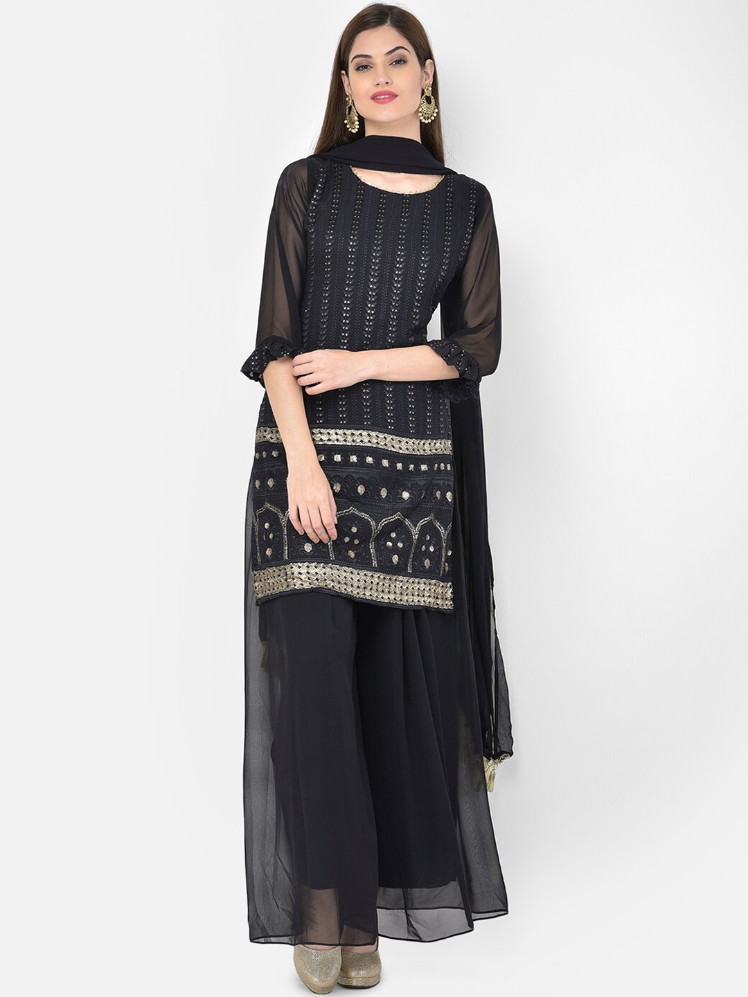 

Neerus Women Black Floral Embroidered Regular Silk Georgette Kurta with Palazzos & With Dupatta