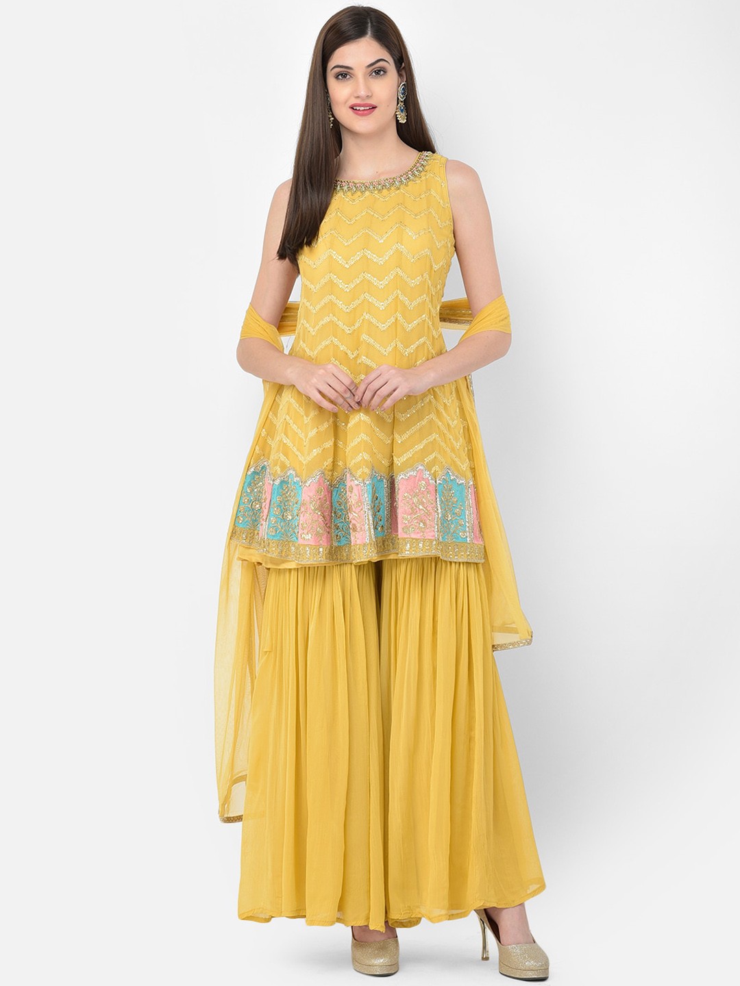 

Neerus Women Mustard Yellow Embroidered Regular Silk Georgette Kurta with Palazzos