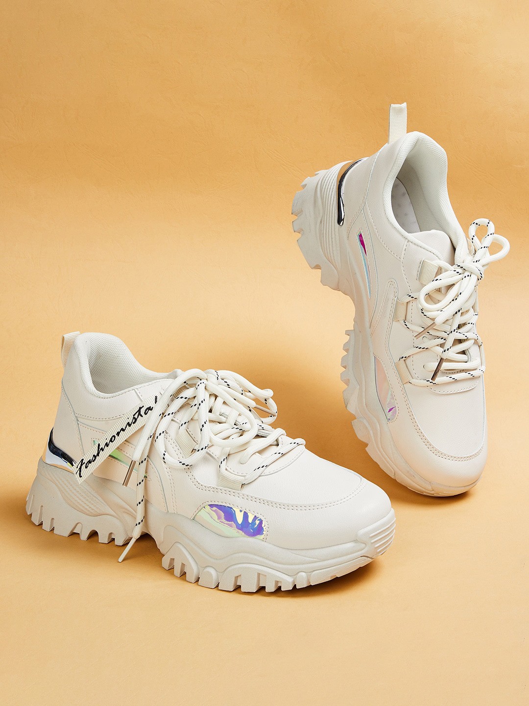 

Ginger by Lifestyle Women Beige & Silver-Toned Solid Sneakers