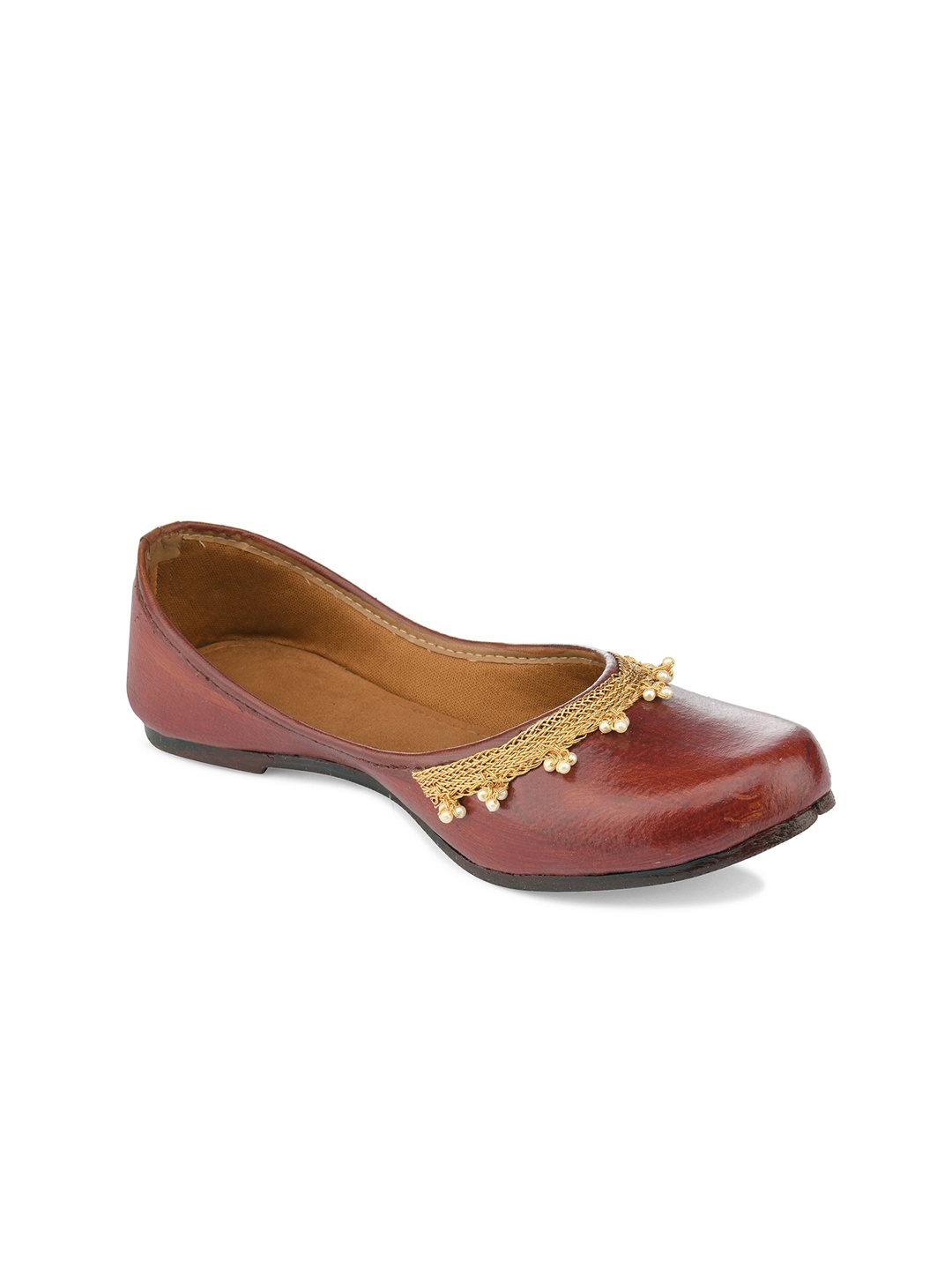 

DESI COLOUR Women Brown & Gold-Toned Embellished Mojaris