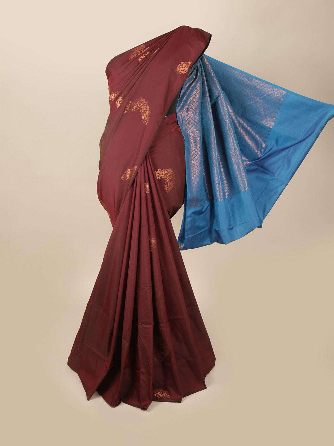 

Pothys Maroon & Blue Ethnic Motifs Art Silk Saree