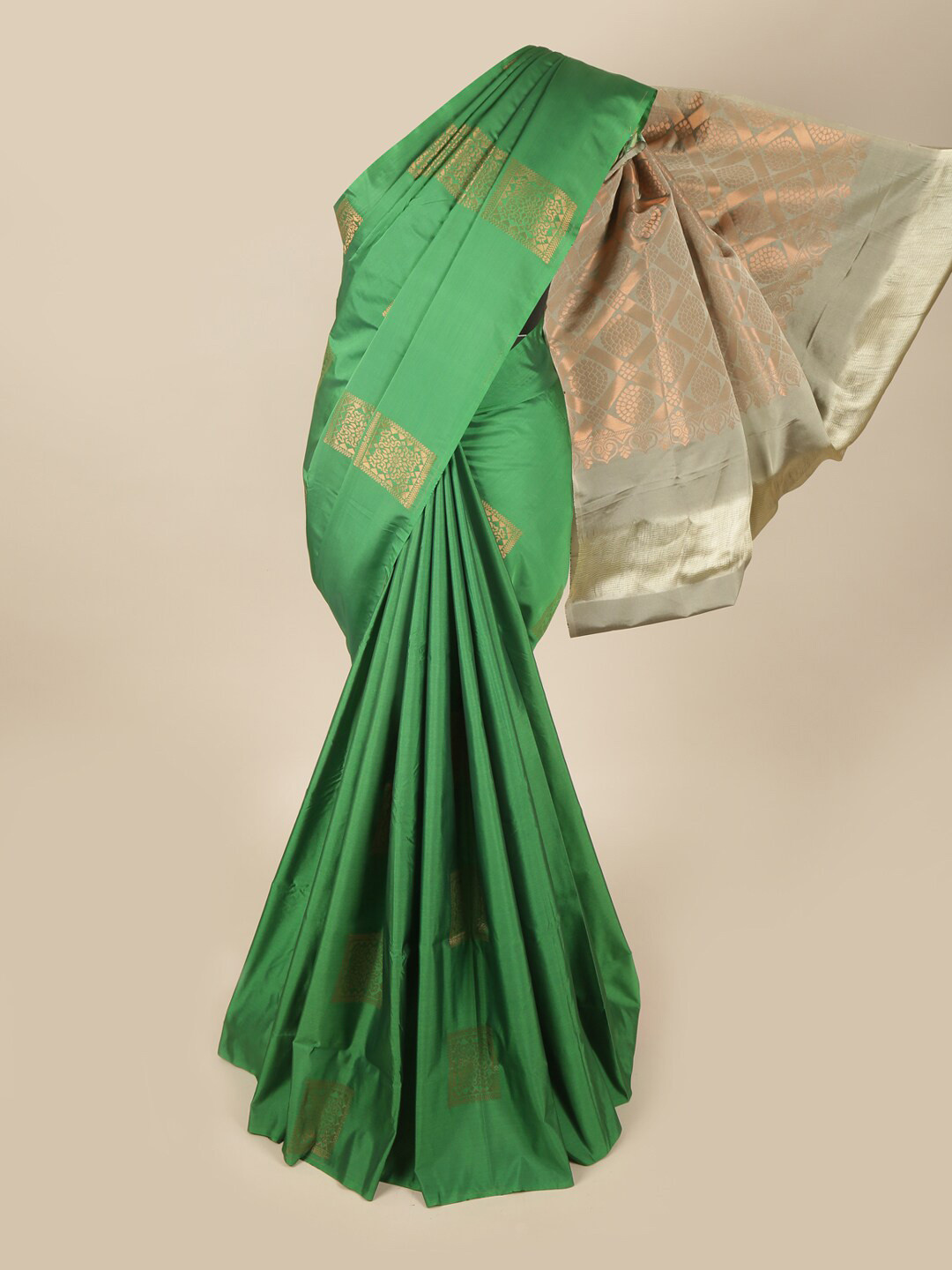 

Pothys Green & Rose Gold Floral Art Silk Saree