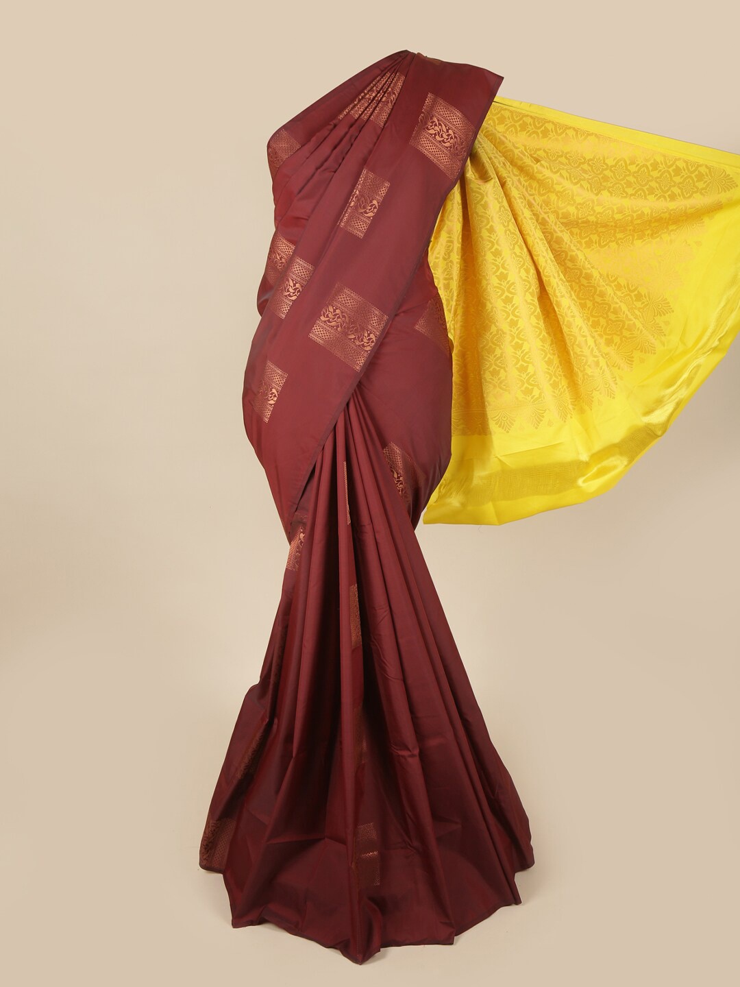 

Pothys Maroon & Yellow Ethnic Motifs Zari Art Silk Saree