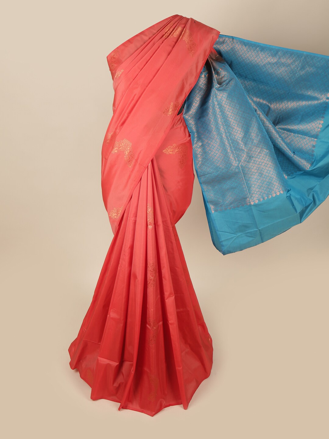 

Pothys Peach-Coloured & Blue Floral Art Silk Saree