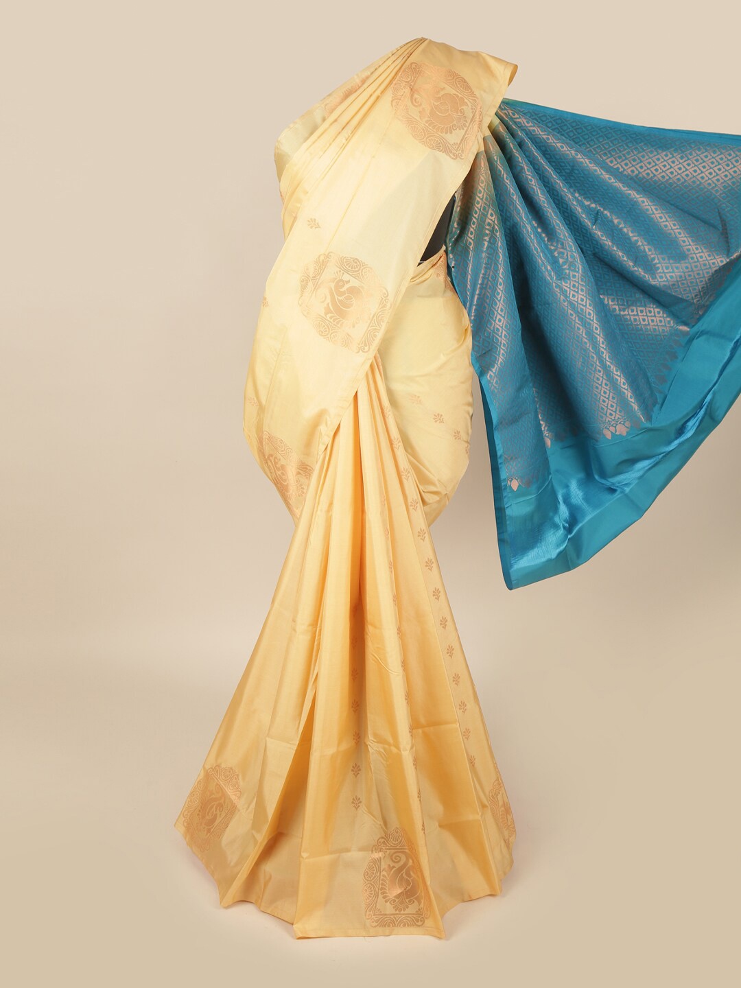 

Pothys Cream-Coloured & Blue Ethnic Motifs Art Silk Saree