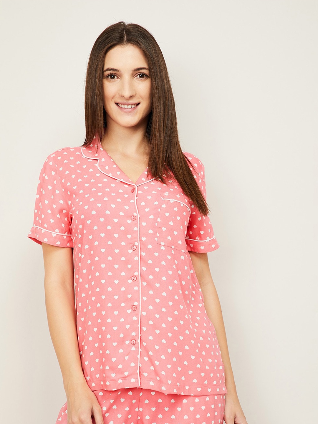 

Ginger by Lifestyle Pink & White Hearts Printed Lounge Shirt