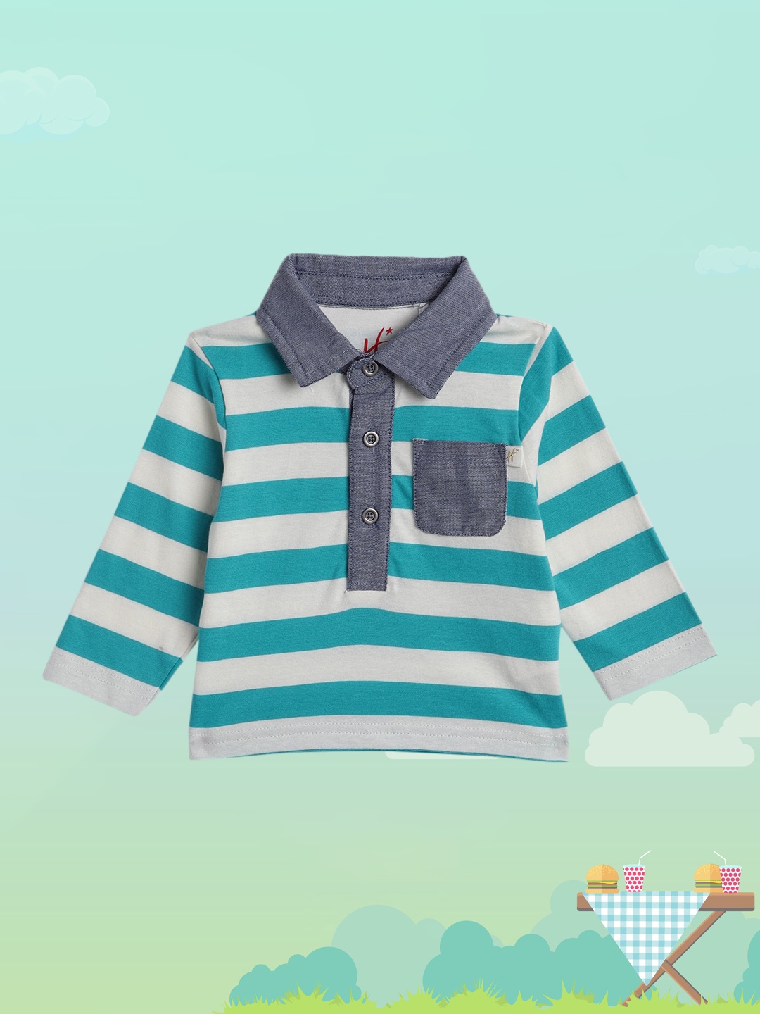 

H By Hamleys Boys Teal Green & White Striped Pure Cotton Polo Collar T-shirt