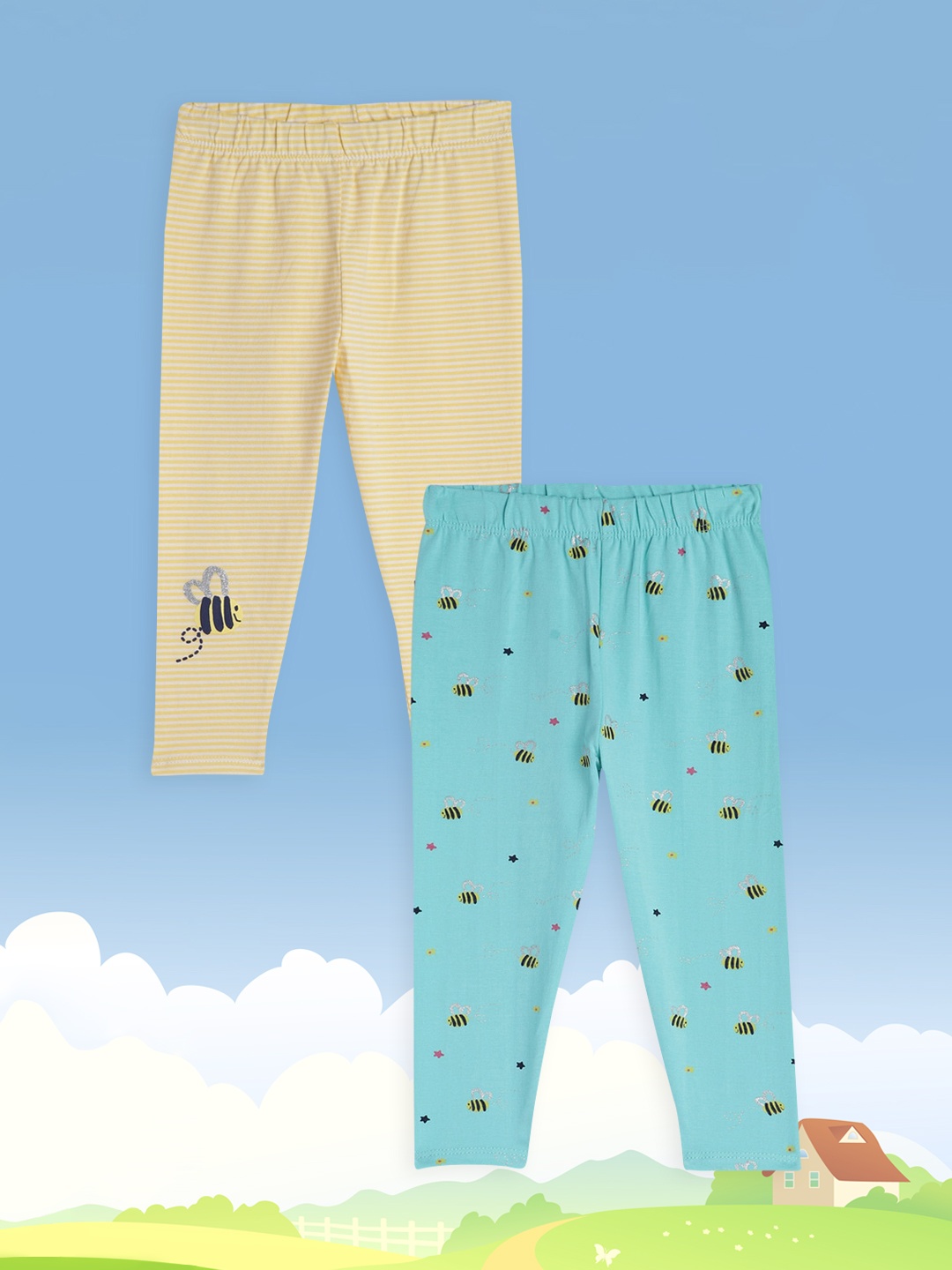 

H By Hamleys Girls Pack of 2 Leggings in Turquoise Blue & Yellow