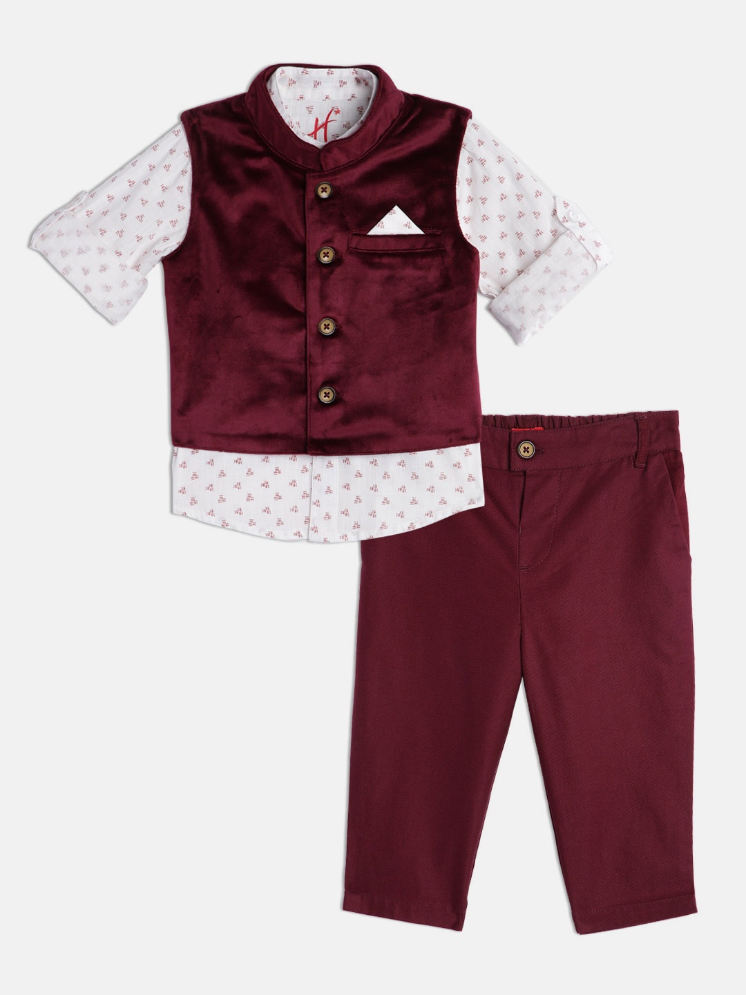 

H By Hamleys Boys Maroon & White Cotton Shirt with Trousers & Waistcoat