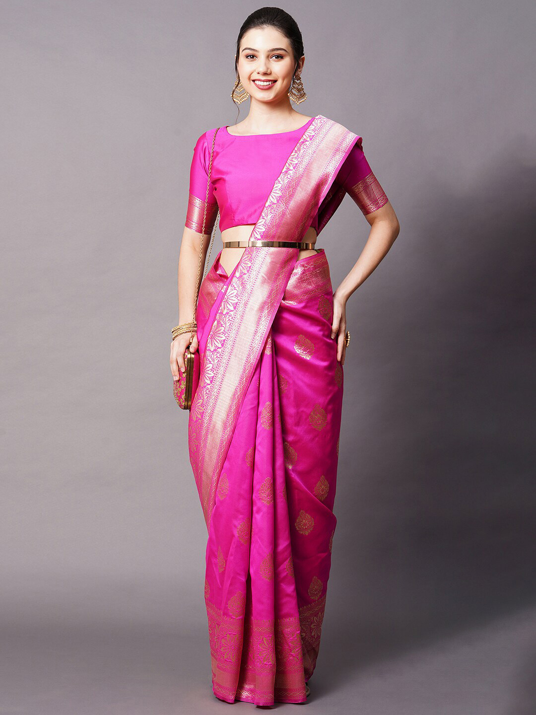 

Mitera Pink & Gold-Toned Ethnic Motifs Silk Blend Banarasi Saree