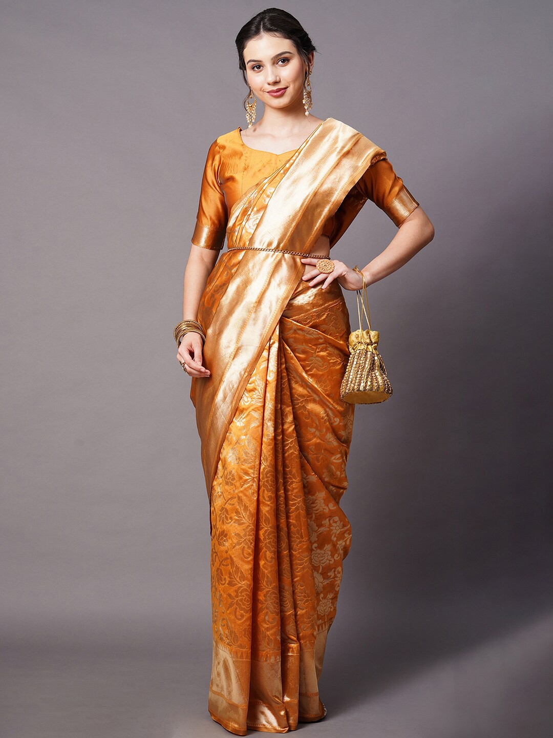 

Mitera Mustard & Gold-Toned Woven Design Zari Silk Blend Banarasi Saree