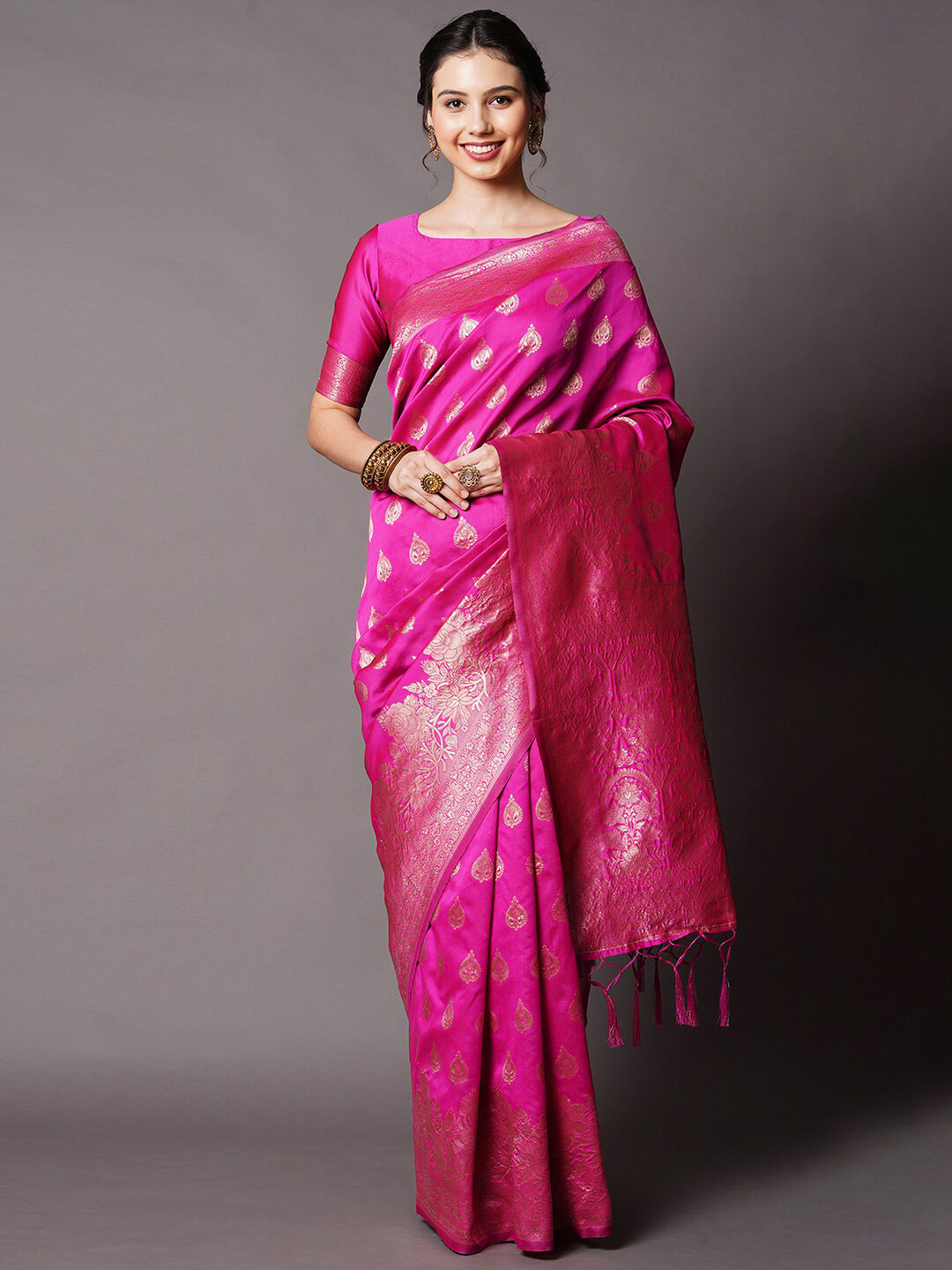 

Mitera Pink & Gold-Coloured Ethnic Motifs Zari Silk Blend Banarasi Saree