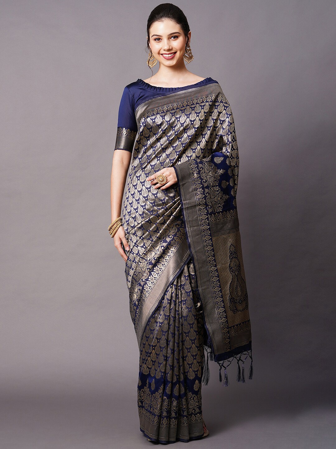 

Mitera Navy Blue & Silver-Toned Ethnic Motifs Silk Blend Banarasi Saree