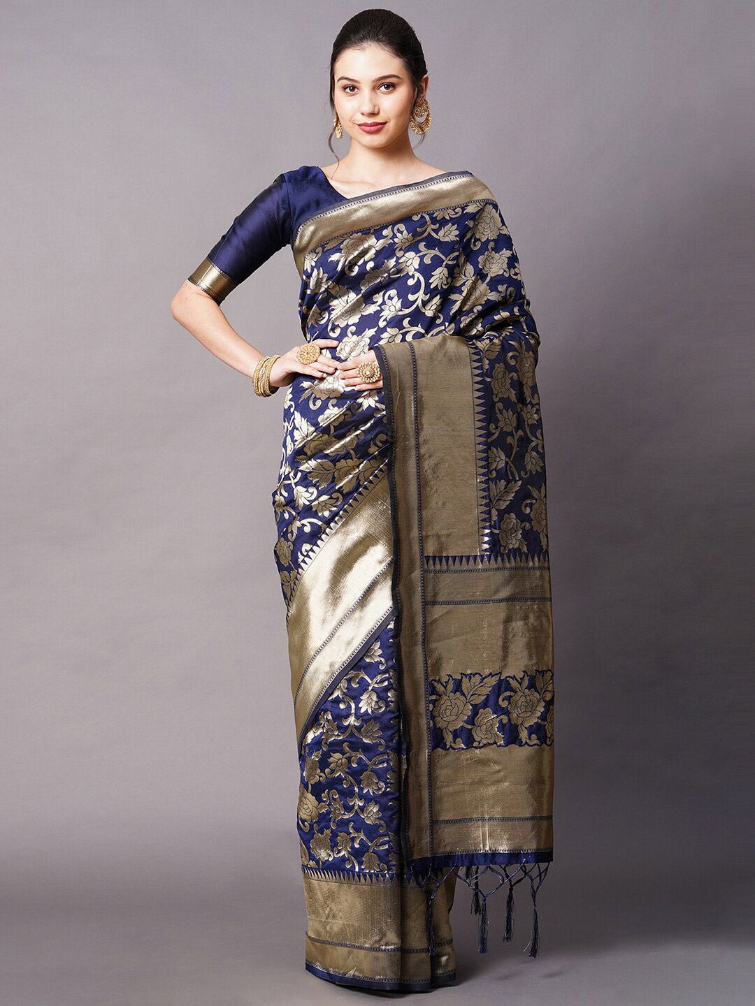 

Mitera Navy Blue & Gold-Toned Woven Design Zari Silk Blend Banarasi Saree