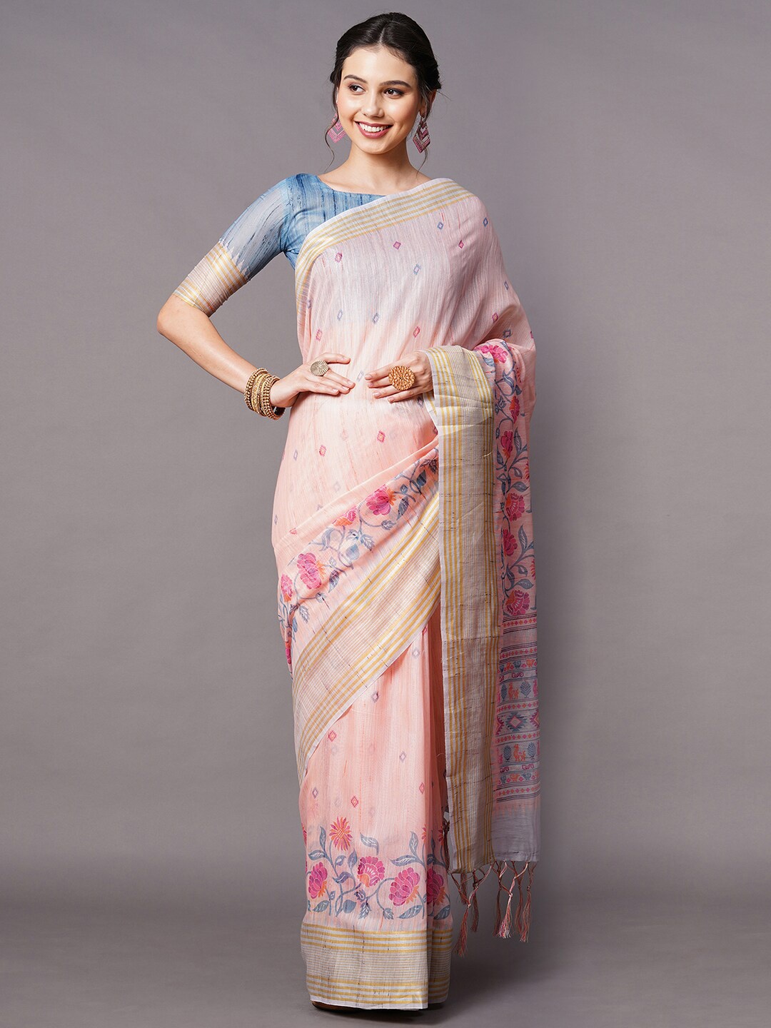 

Mitera Pink & Gold-Toned Floral Printed Zari Saree