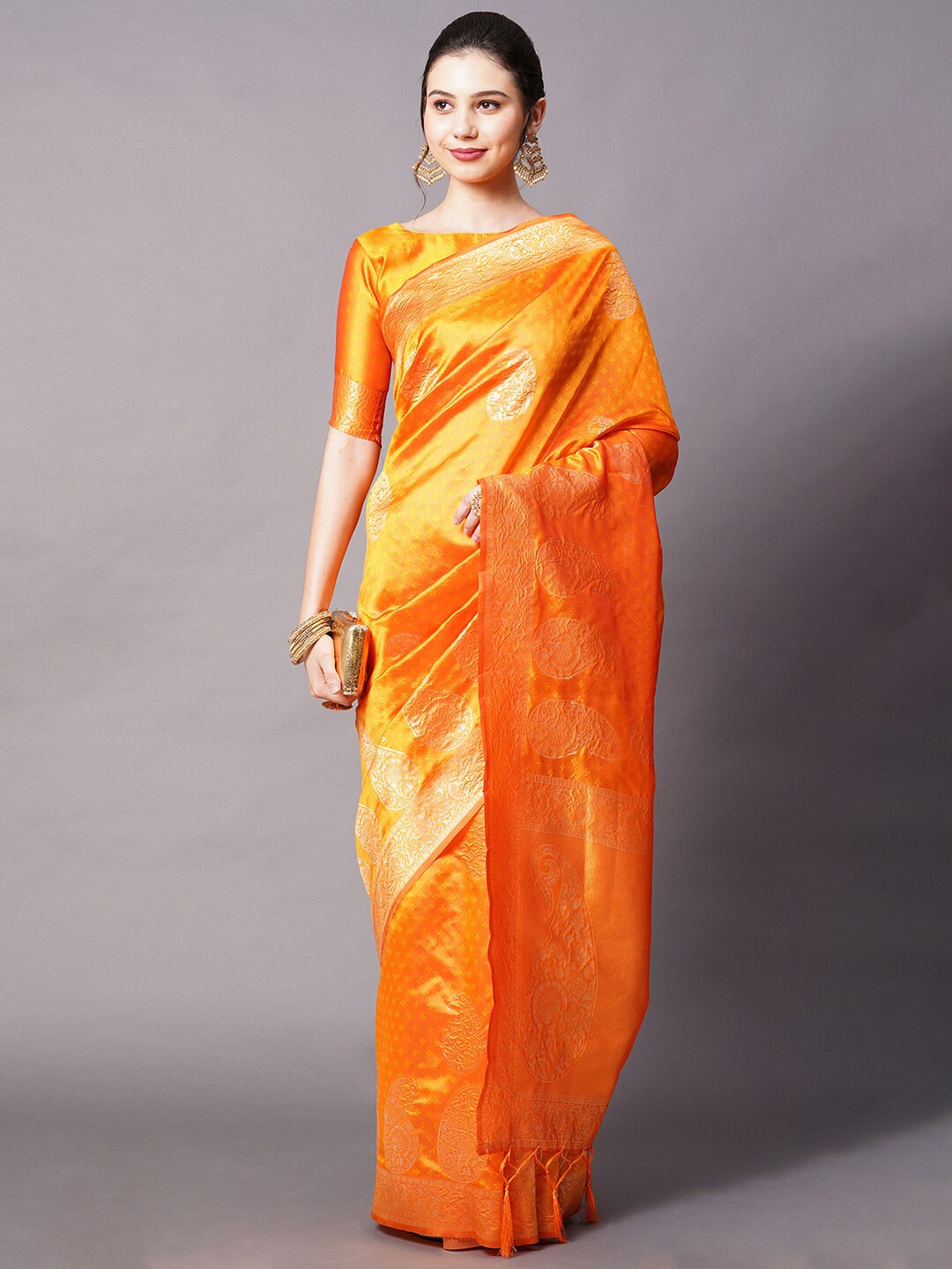 

Mitera Yellow & Gold-Toned Ethnic Motifs Silk Blend Banarasi Saree