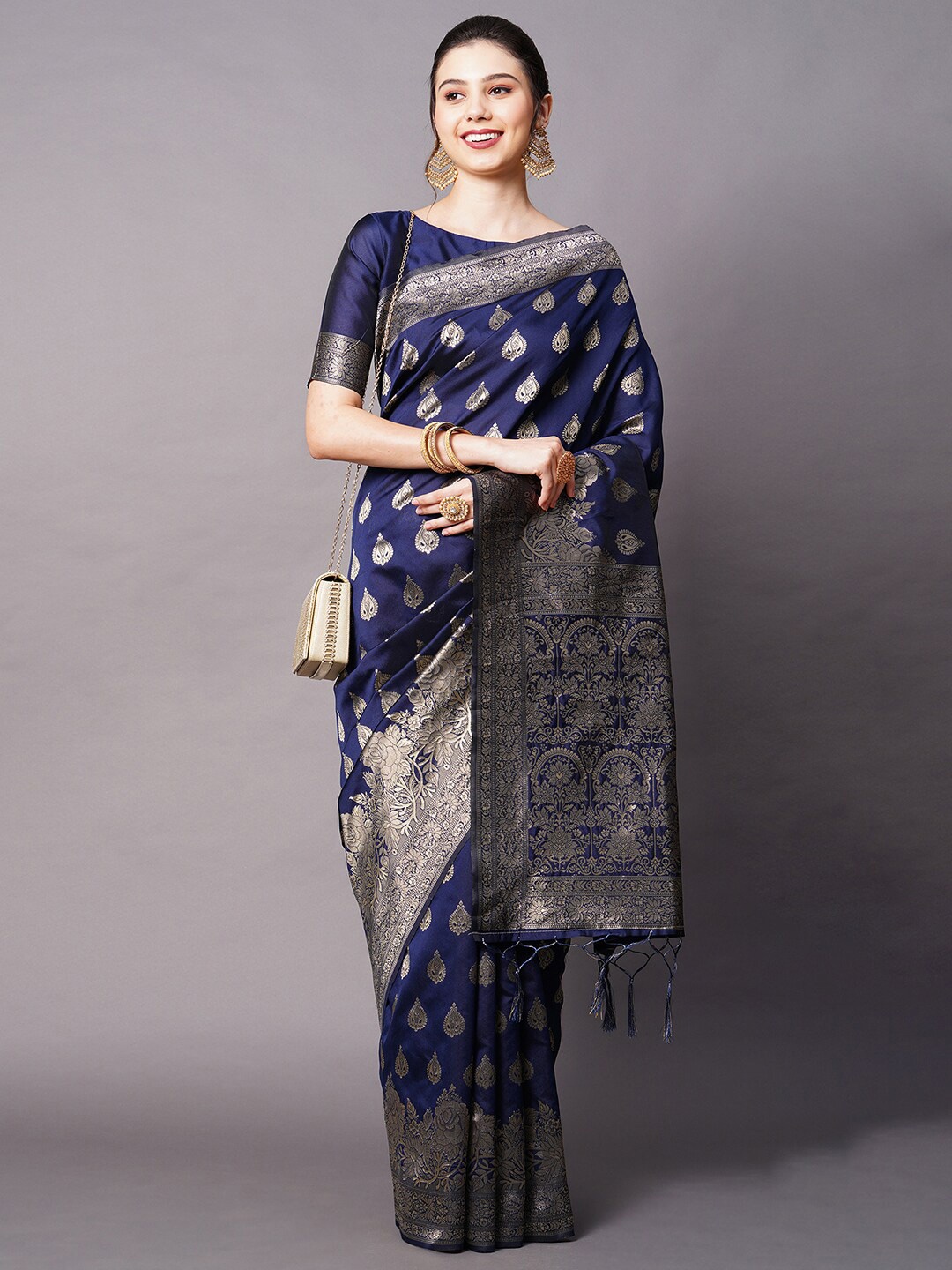 

Mitera Navy Blue & Silver-Toned Woven Design Silk Blend Banarasi Saree