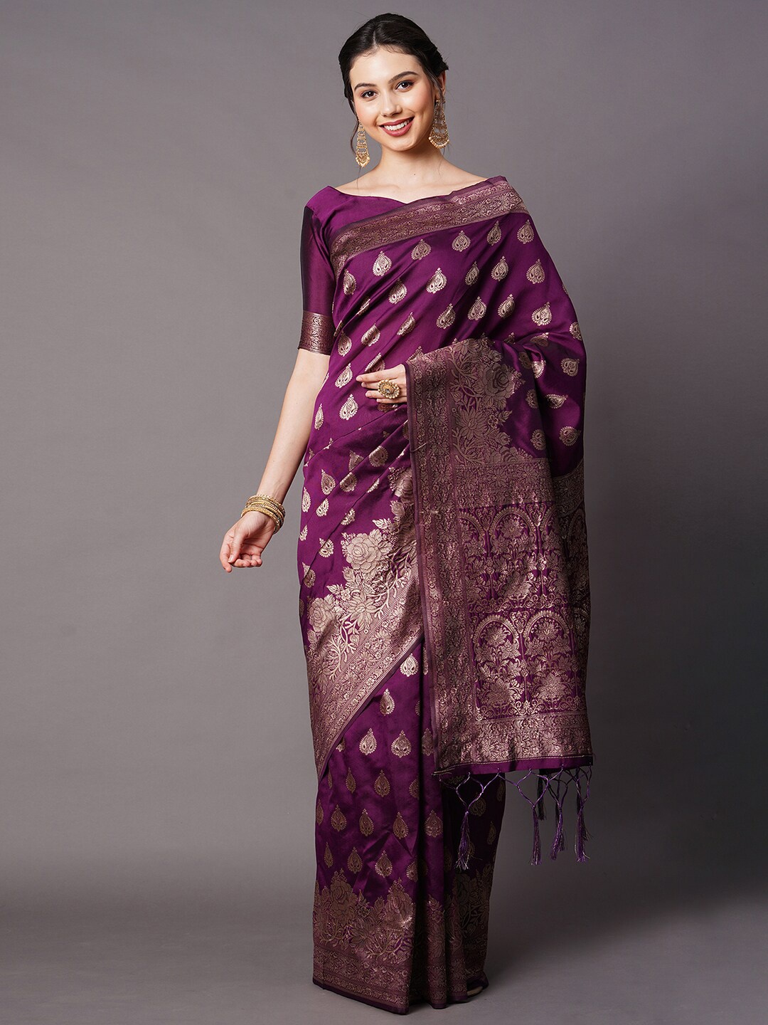 

Mitera Purple & Gold-Toned Ethnic Motifs Woven Design Saree