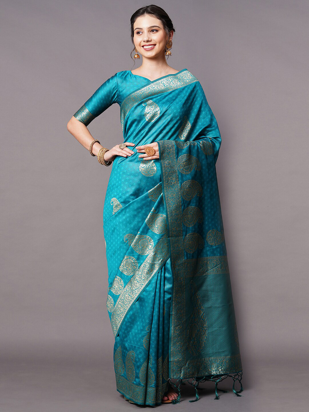 

Mitera Turquoise Blue & Silver-Toned Woven Design Zari Banarasi Saree