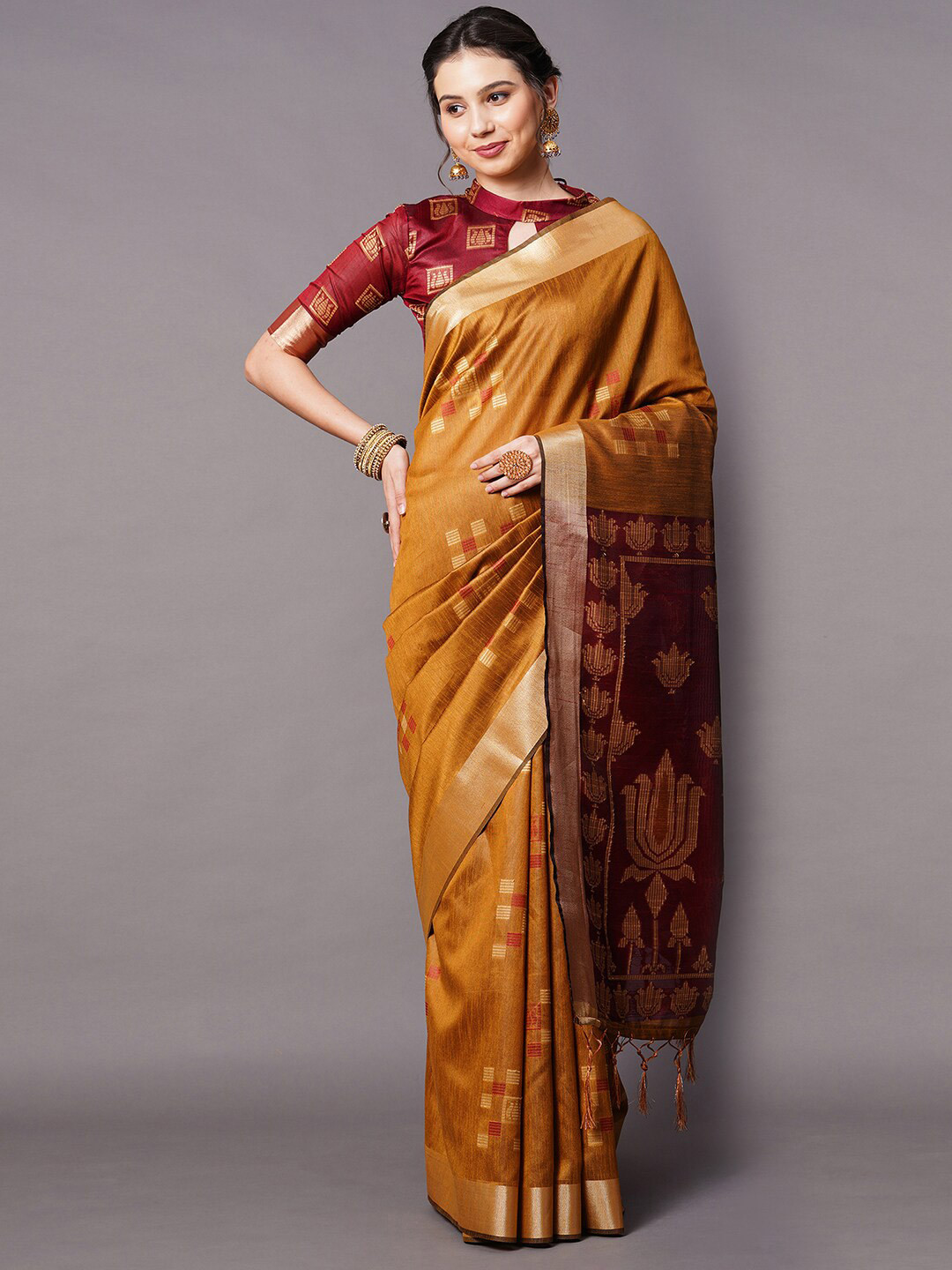 

Mitera Mustard Yellow & Maroon Zari Silk Cotton Banarasi Saree