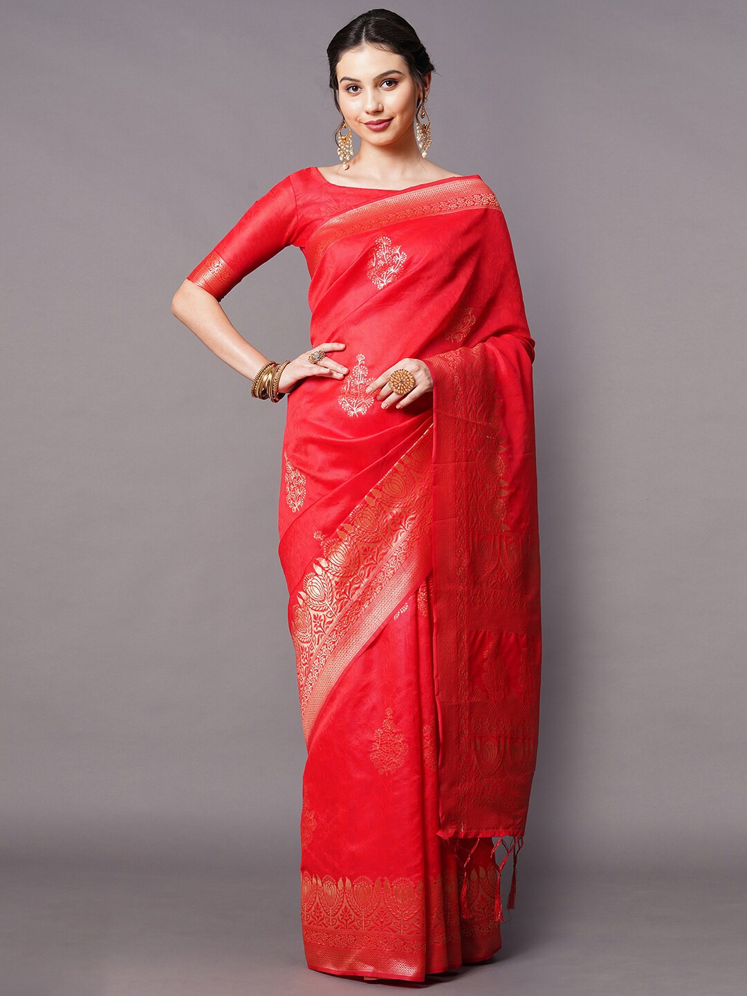 

Mitera Red & Gold-Toned Ethnic Motifs Zari Silk Blend Banarasi Saree