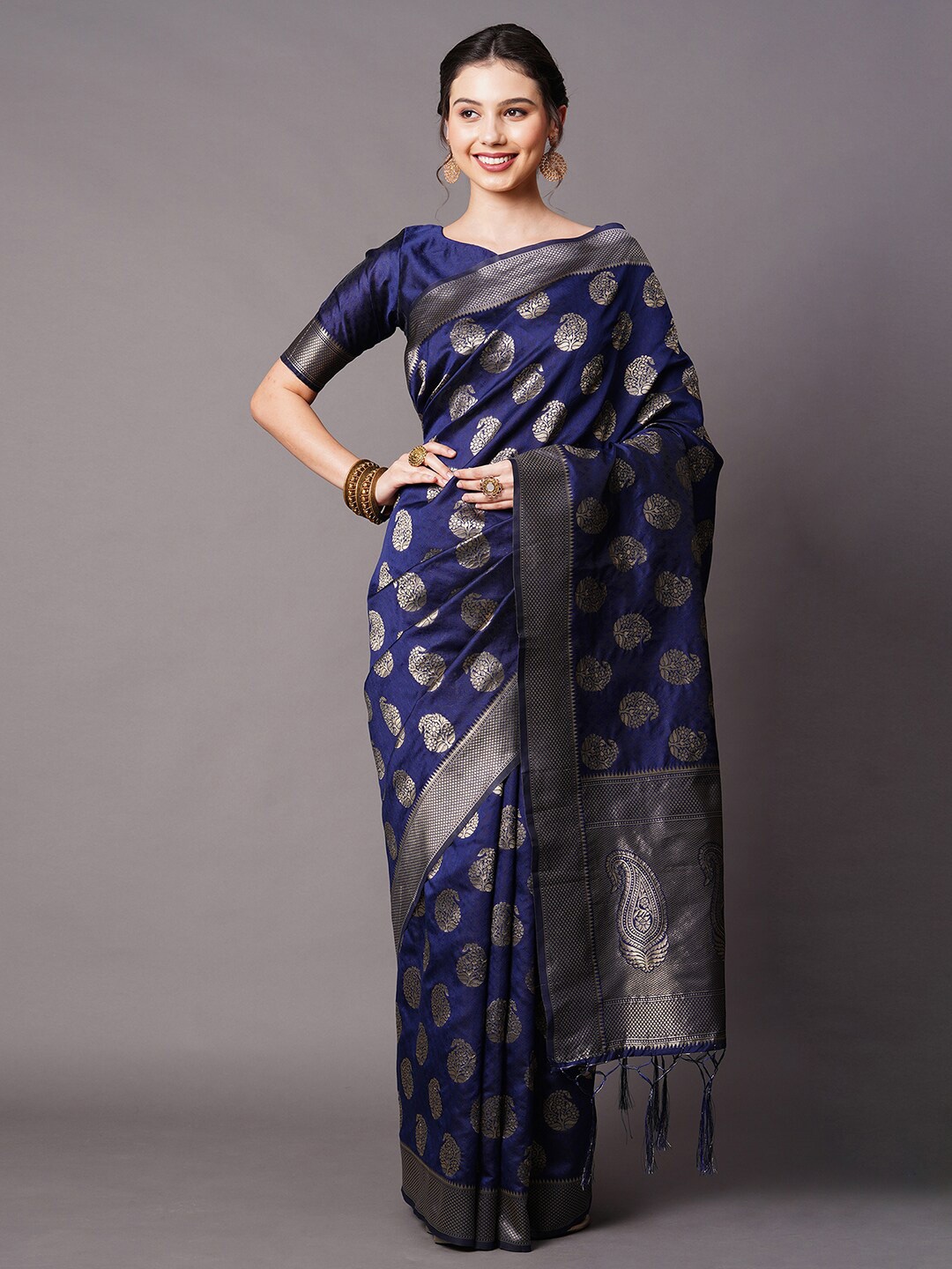 

Mitera Navy Blue & Silver-Toned Paisley Zari Banarasi Saree