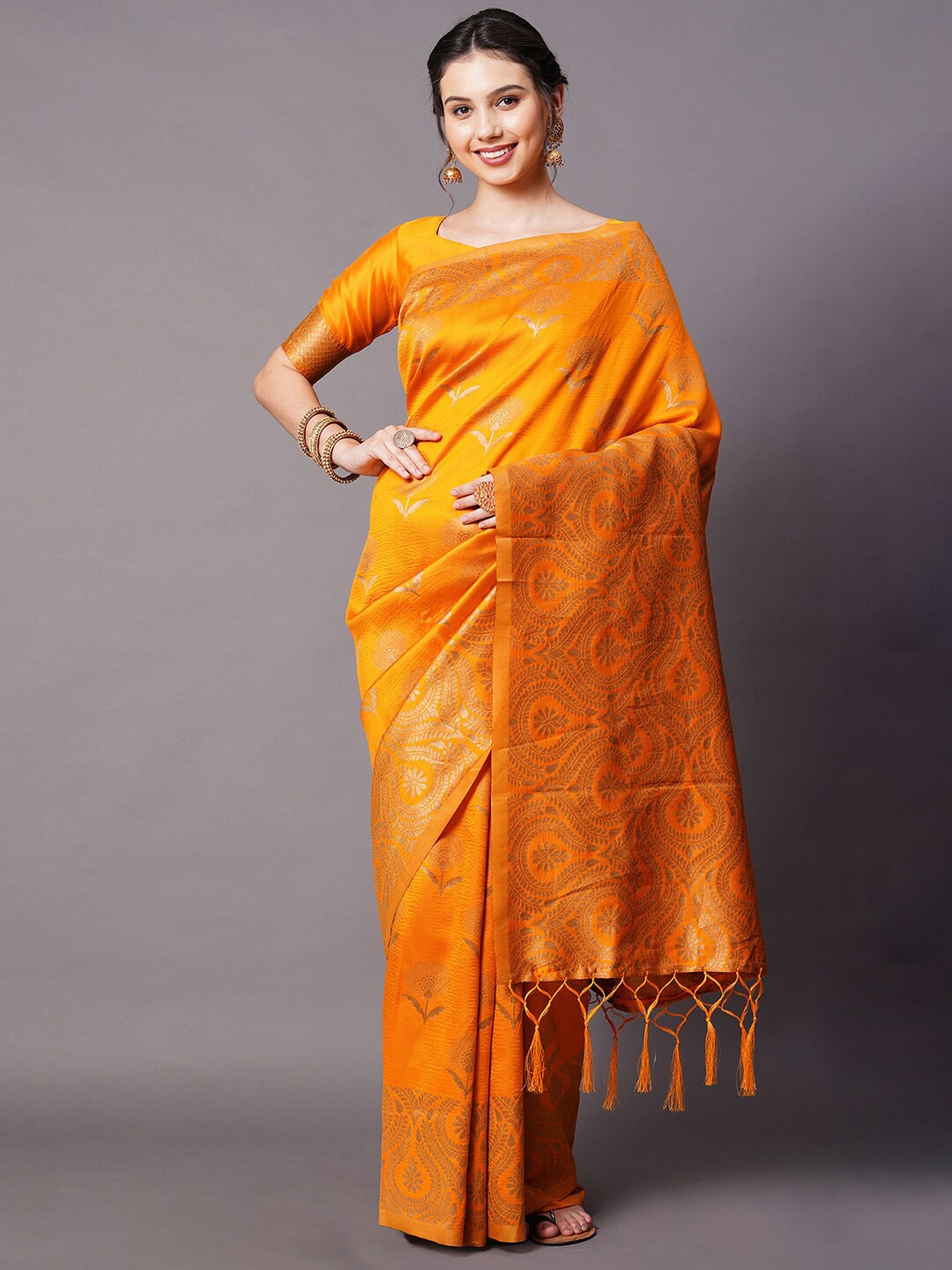 

Mitera Yellow & Gold-Toned Ethnic Motifs Silk Blend Banarasi Saree