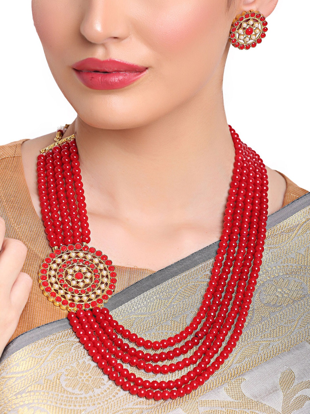 

Shining Diva Gold-Toned Red & White Kundan-Studded & Beaded Jewellery Set