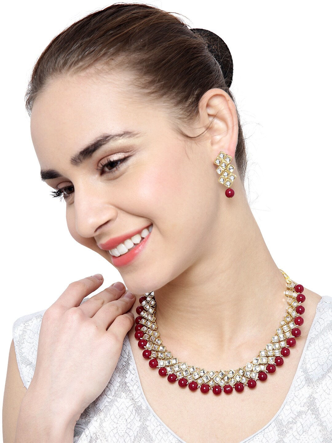 

Shining Diva Gold-Plated White & Red Kundan Studded & Beaded Jewellery Set