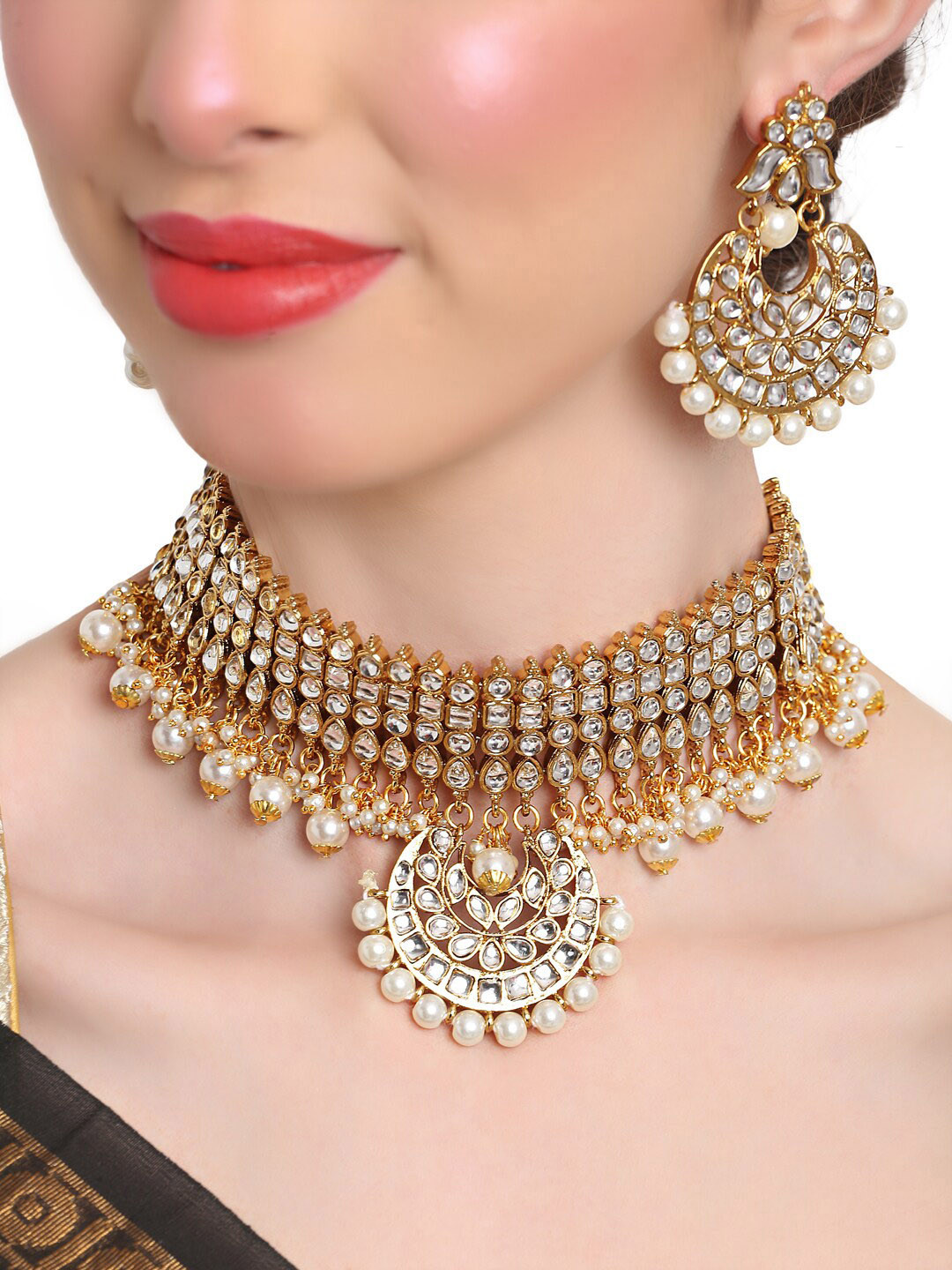 

Shining Diva Gold-Plated & White Kundan-Studded & Beaded Jewellery Set