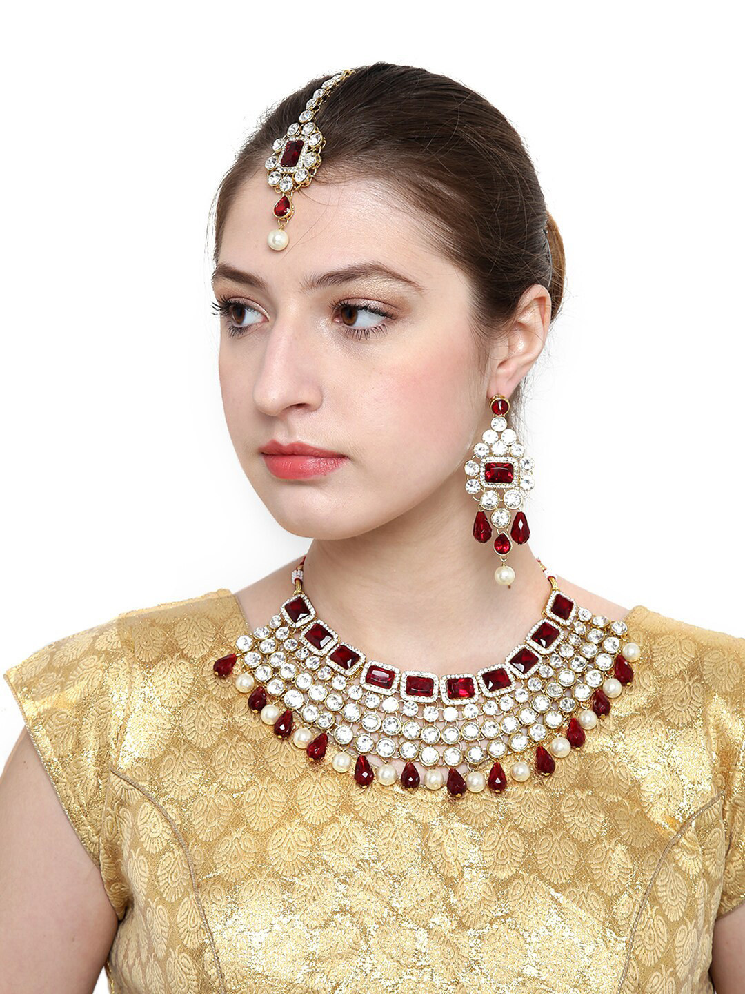 

Shining Diva Latest Traditional Gold Plated Jewellery Set, Red