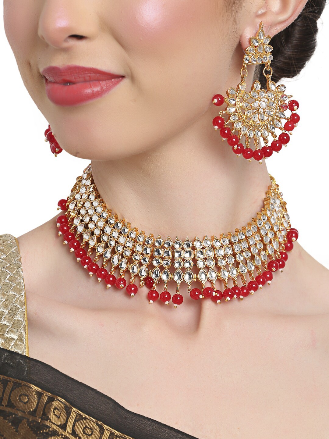 

Shining Diva Gold-Plated Red & White Kundan-Studded & Beaded Jewellery Set