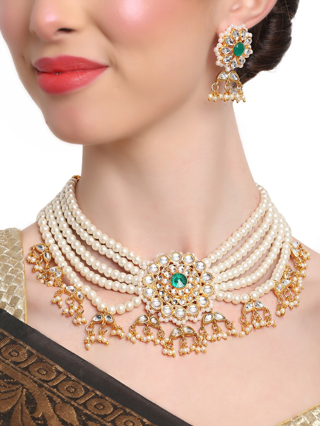 

Shining Diva Gold-Plated Green & White Kundan Stone Studded & Beaded Jewellery Set