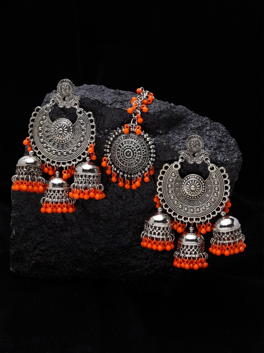 

Shining Diva Red Silver & Orange Silver-Plated Oxidised Jewellery Set