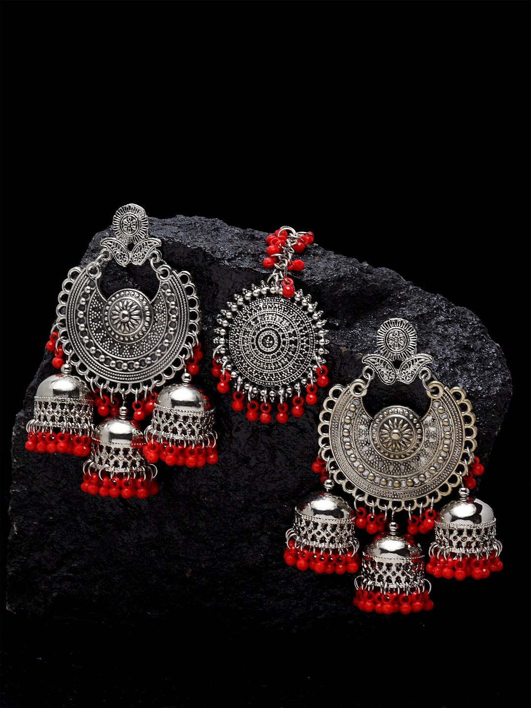 

Shining Diva Women Traditional Silver Plated Jewelry Set, Red