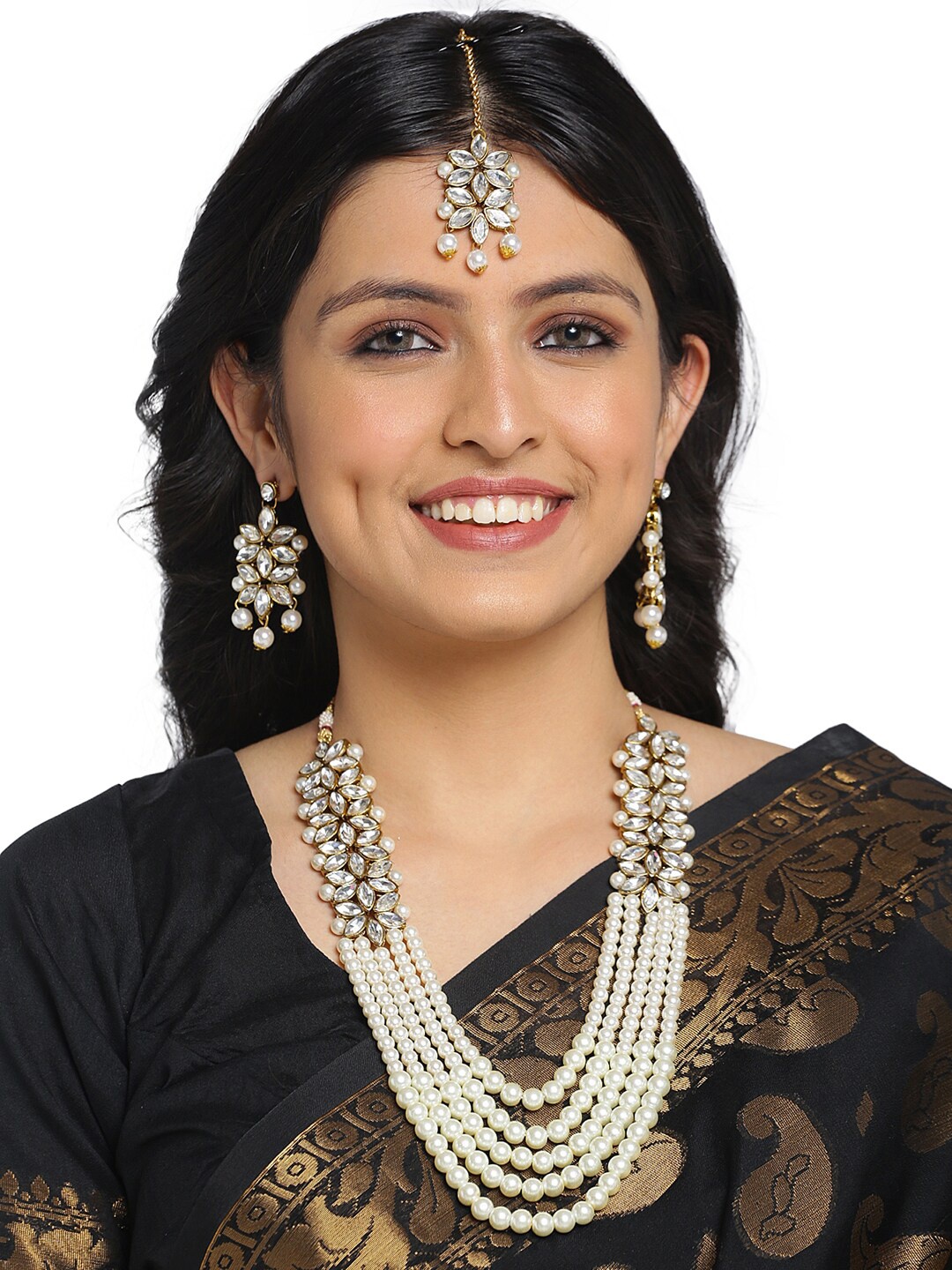 

Shining Diva Gold-Plated & White Kundan Stone Studded & Beaded Jewellery Set