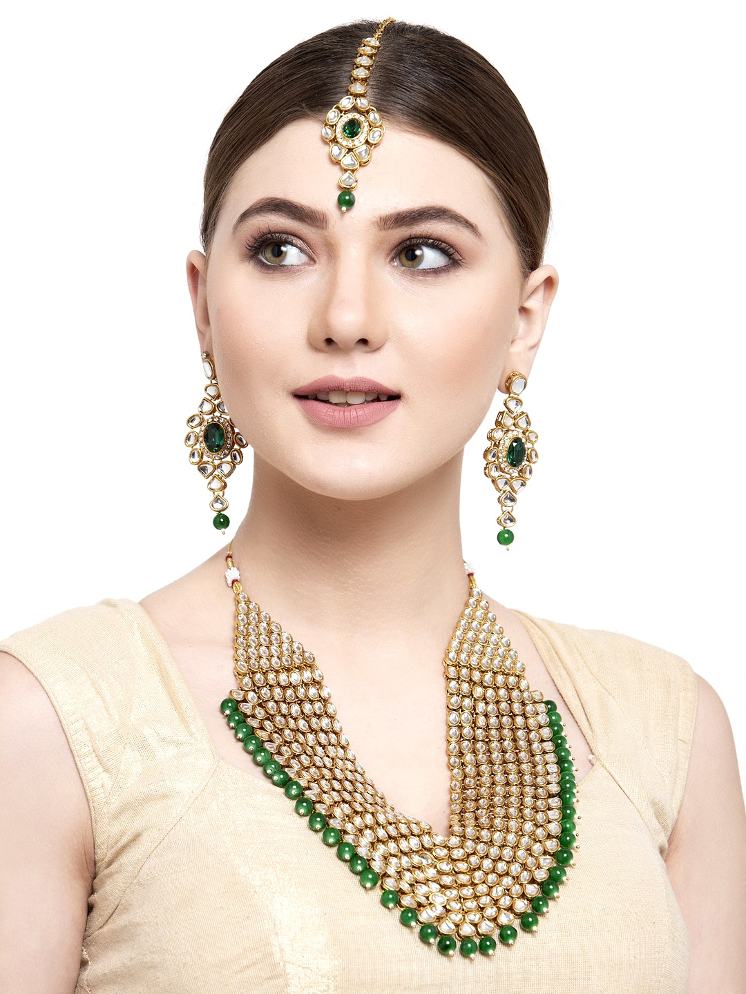 

Shining Diva Women Green Gold-Plated Kundan-Studded Jewelry Set