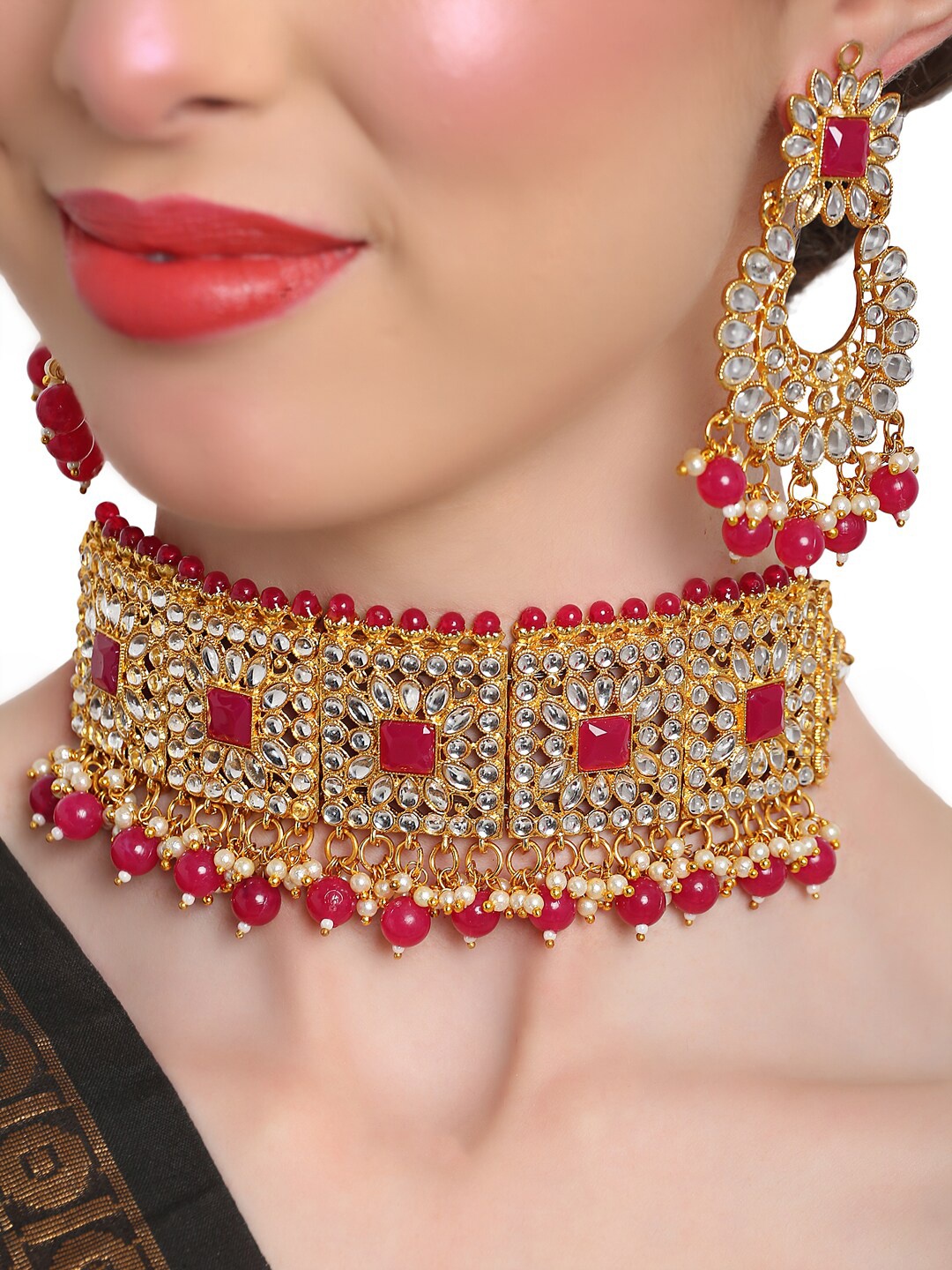 

Shining Diva Gold-Plated Red & White Kundan-Studded & Beaded Jewellery Set