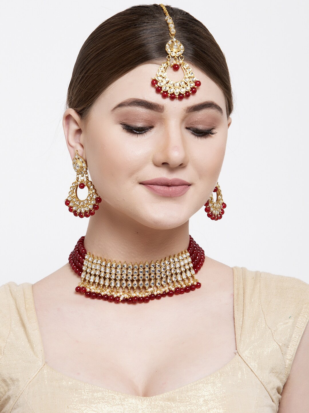 

Shining Diva Gold-Plated White & Red Kundan-Studded & Beaded Jewellery Set
