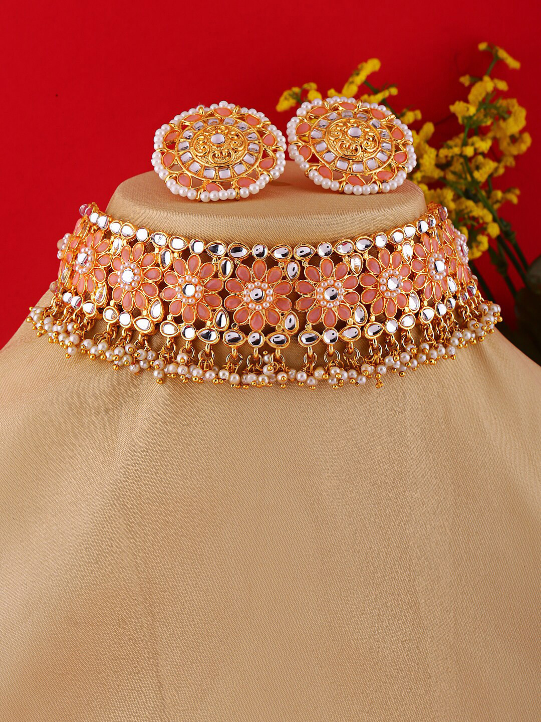

Shining Diva Gold-Plated White & Peach-Coloured Kundan-Studded & Beaded Jewellery Set