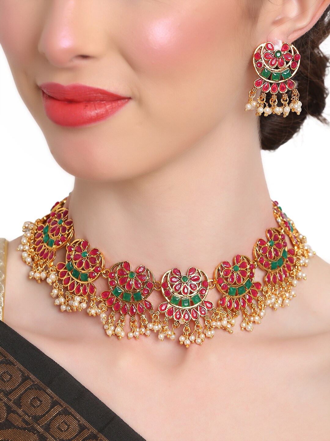 

Shining Diva Green & Red Gold-Plated Kundan & Pearl Studded Jewellery Set