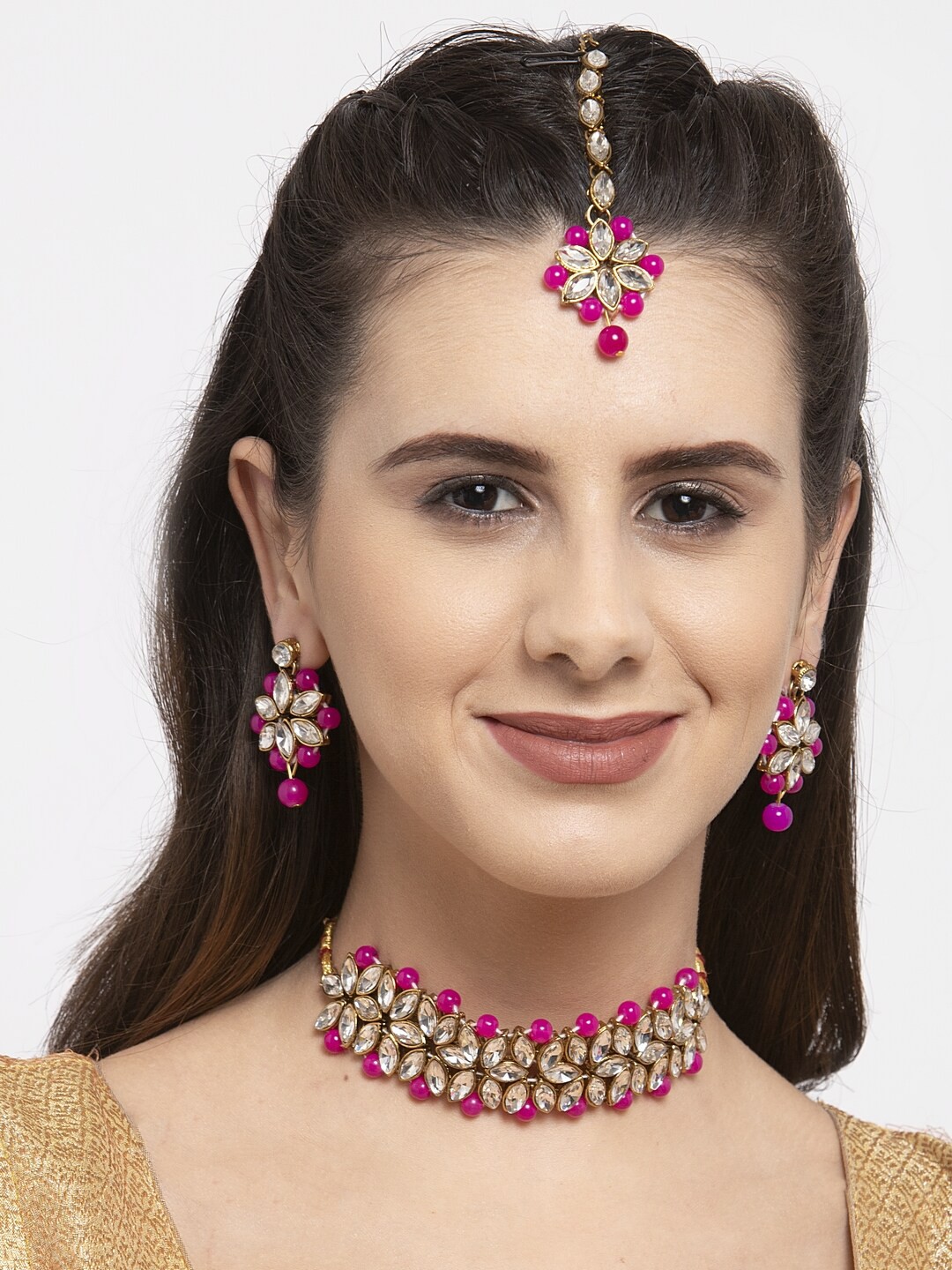 

Shining Diva Gold-Plated Pink & White Kundan-Studded & Beaded Jewellery Set