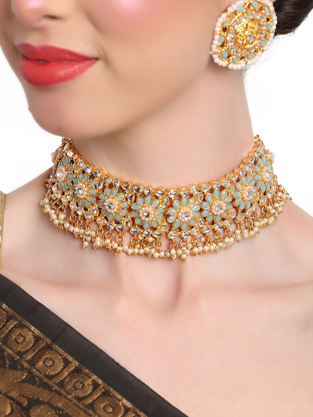 

Shining Diva Gold-Plated & Grey Kundan Stone Studded & White Beaded Jewellery set