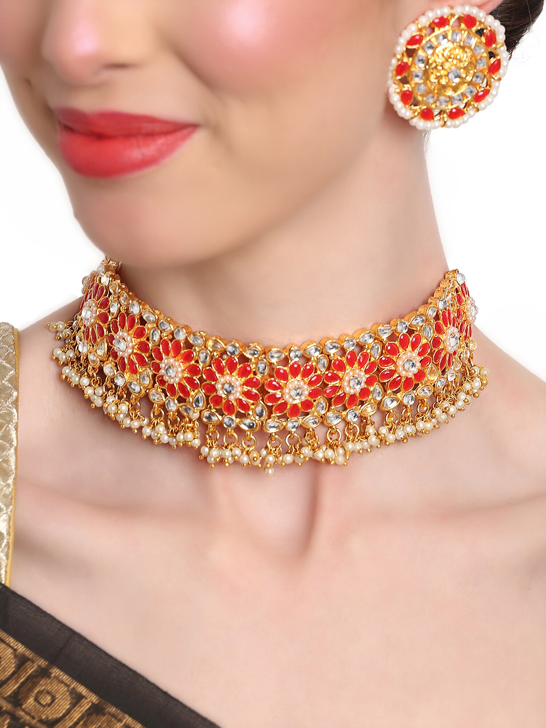 

Shining Diva Gold Plated White & Red kundan Studed & Beaded Jewellery Set