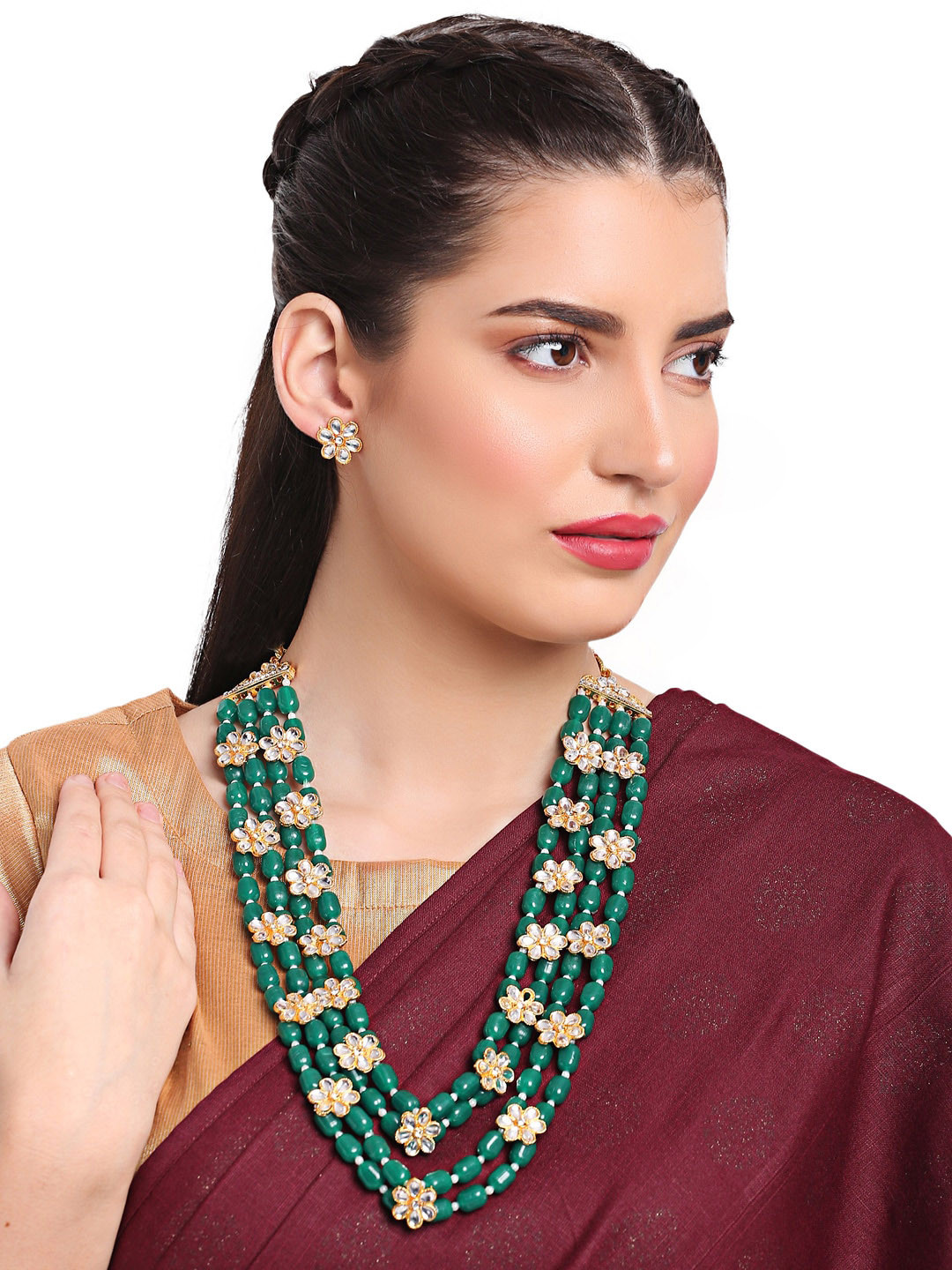 

Shining Diva Gold-toned & Green Kundan-Studded & Beaded Multilayered Jewellery Set
