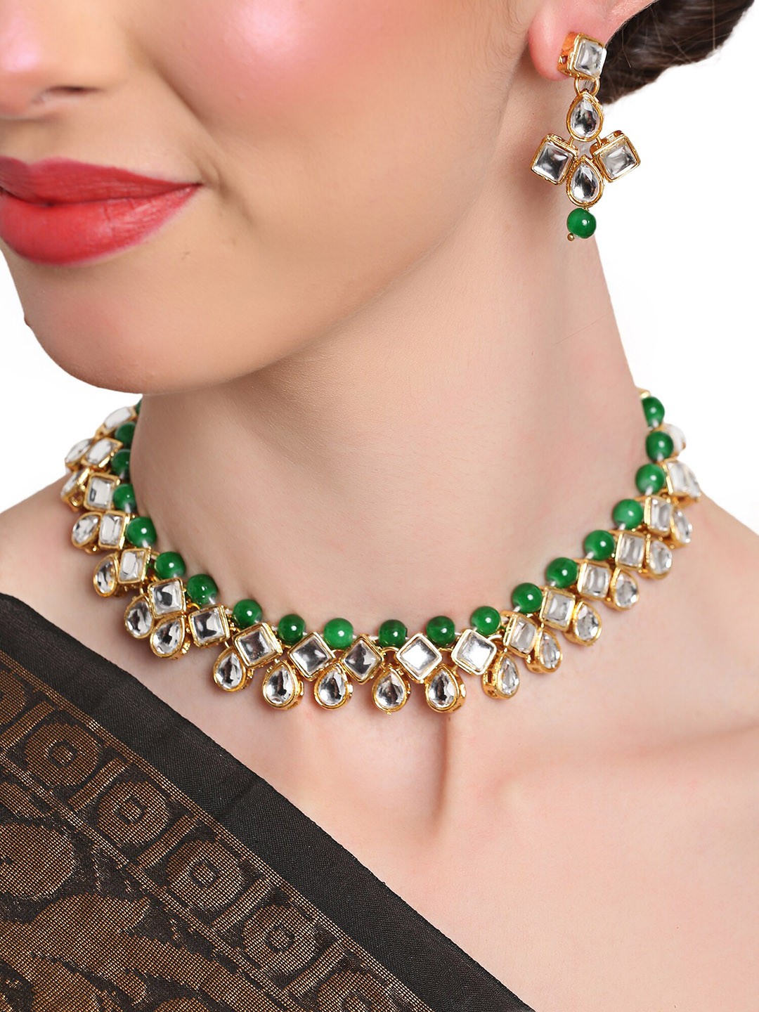 

Shining Diva Gold-Plated White & Green Kundan-Studded & Beaded Jewellery Set