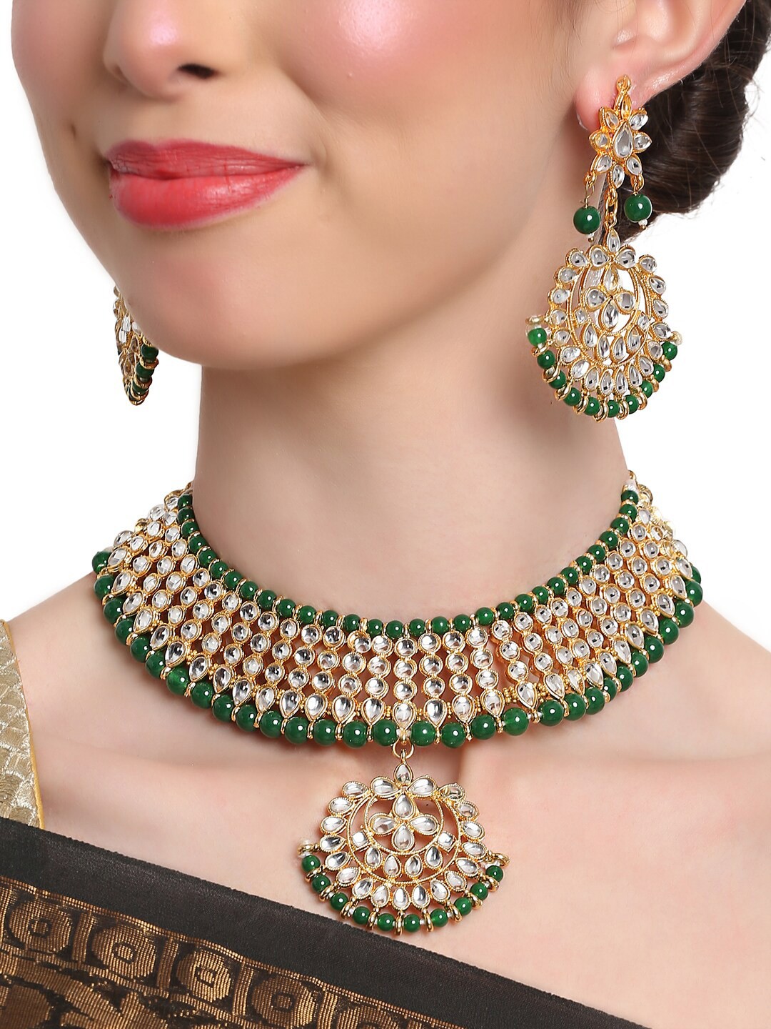 

Shining Diva Gold-Plated White & Green Kundan-Studded & Beaded Jewellery Set